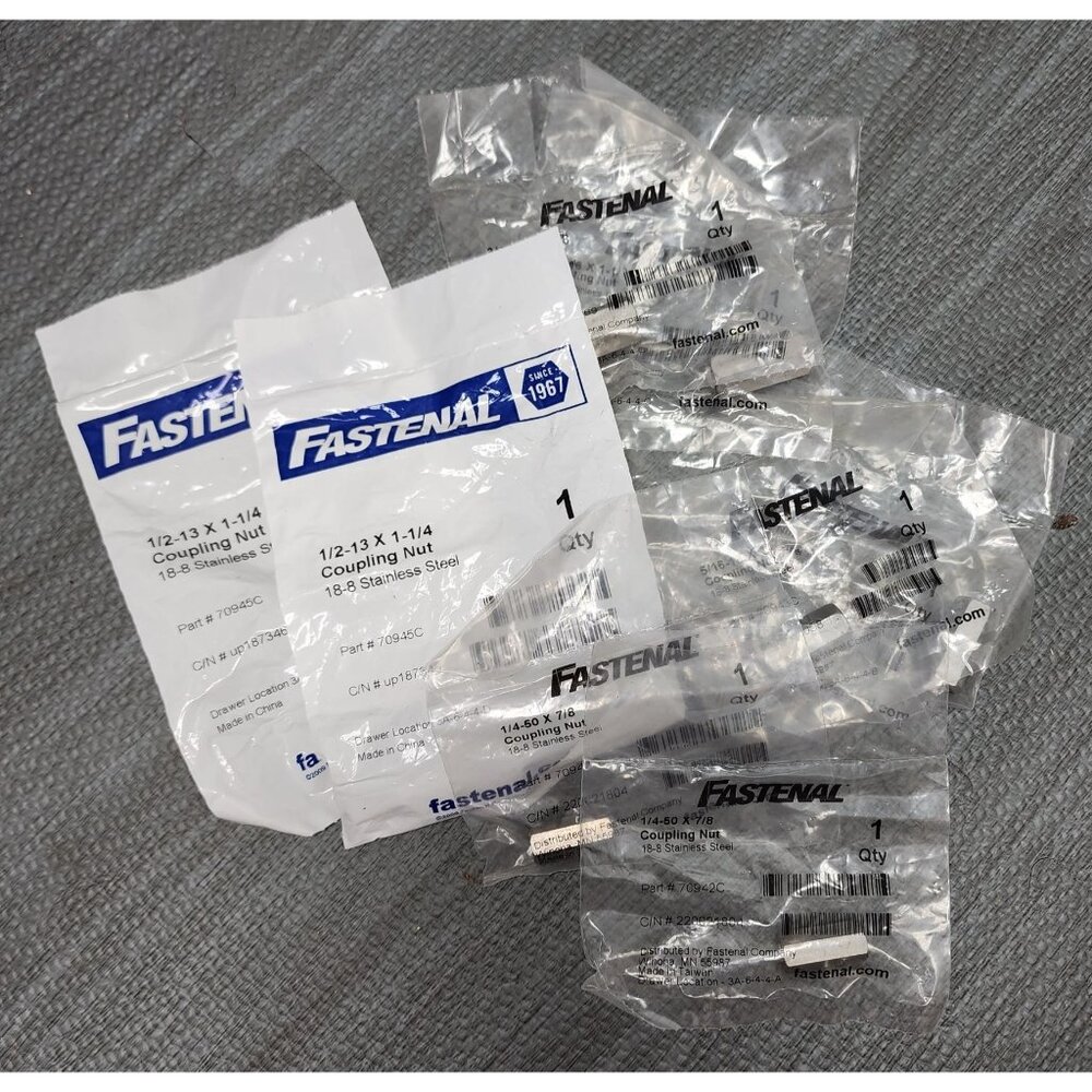 NEW Fastenal Coupling Nuts Lot of 8 Sealed Bags Multiple Sizes
